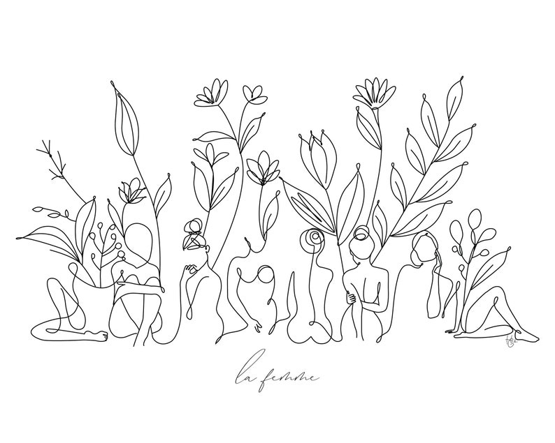 May include: Line art drawing of several figures standing in a field of flowers. The drawing is in black and white and the text "la femme" is at the bottom of the image.
