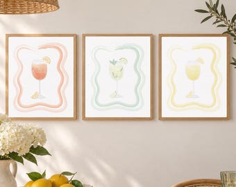Cocktail Art Prints, Watercolor Aperol Spritz, Margarita, Limoncello, Hugo Spritz, Kitchen Decor