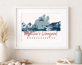 Martha's Vineyard Print | Coastal Lighthouse Harbor Art | Nautical New England Décor