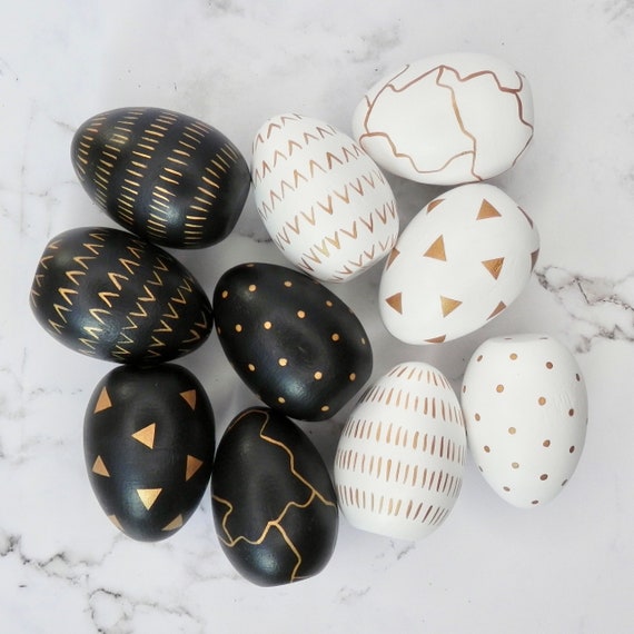 Hand Painted Easter Eggs Set of 5 | Flat or Rounded Bottom | Black White and Gold