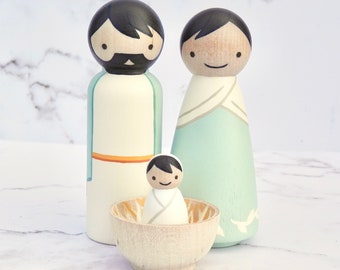 Peg Doll Nativity Trio, 3.5” | Holy Family | Mint or Pink