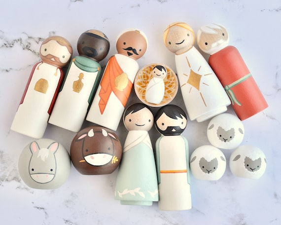 Peg Doll Nativity, Mint & Orange | 3.5” Full Sized | 14 Pieces
