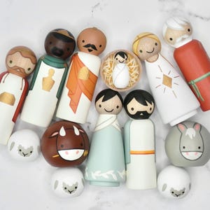 Peg Doll Nativity, Mint & Orange | 3.5” Full Sized | 14 Pieces