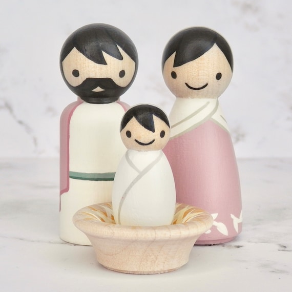 Peg Doll Nativity Trio 2.5” | Holy Family | Mint or Pink