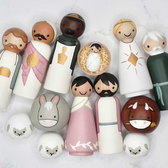 Peg Doll Nativity, Pink & Green | 3.5” Full Sized| 14 Pieces