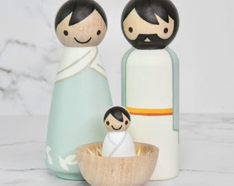 Peg Doll Nativity Trio, 3.5” | Holy Family | Mint or Pink