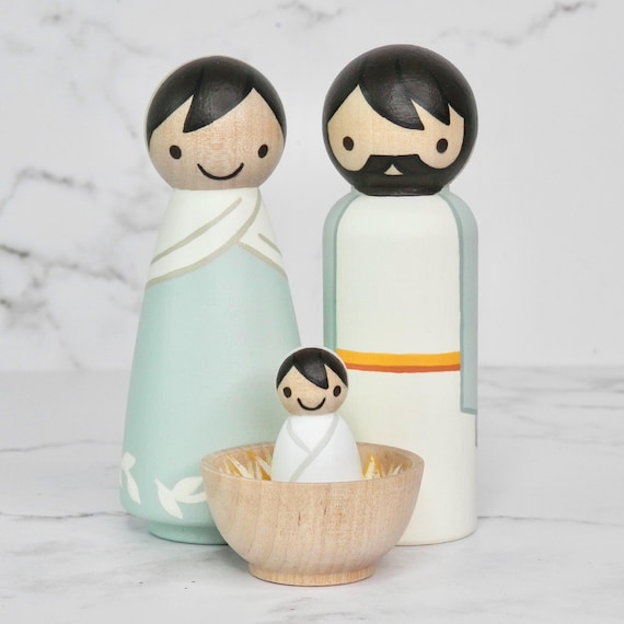 Peg Doll Nativity Trio, 3.5” | Holy Family | Mint or Pink