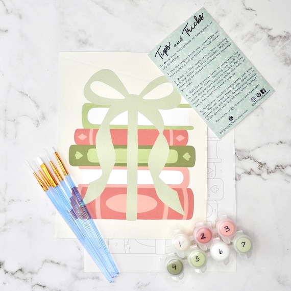 Book Stack Paint by Number Kit, Pink and Green | DIY Bookish Art