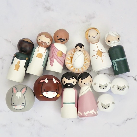 Peg Doll Nativity Set, Pink & Green | 2.5” Small Sized | 14 Pieces