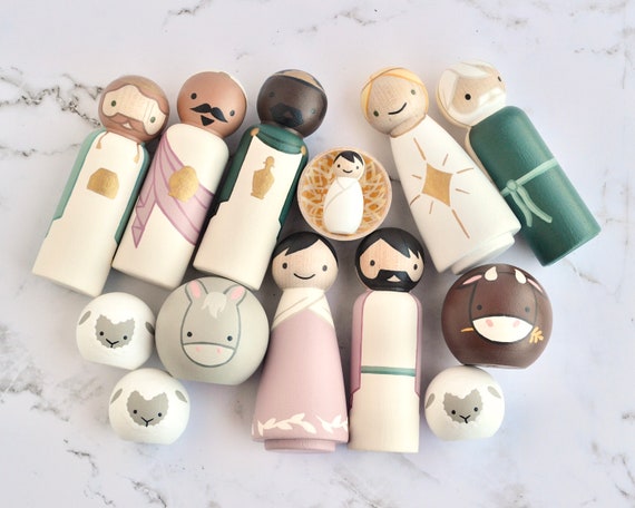 Peg Doll Nativity, Pink & Green | 3.5” Full Sized| 14 Pieces