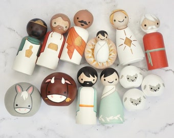 Peg Doll Nativity Set, Mint & Orange | 2.5” Small Sized | 14 Pieces