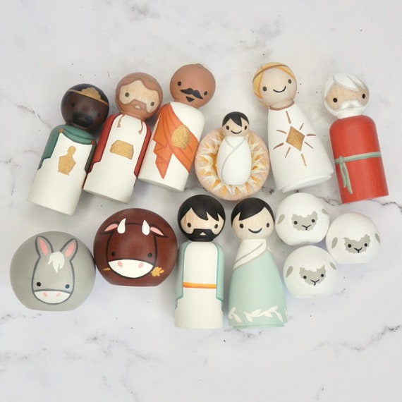Peg Doll Nativity Set, Mint & Orange | 2.5” Small Sized | 14 Pieces