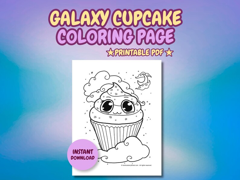 Kawaii Galaxy Cupcake Coloring Page | Printable PDF (1 Page) | Instant ...