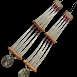 Dentalium - Abalone Earrings - Two-Tier - Shades of Pink Crystals