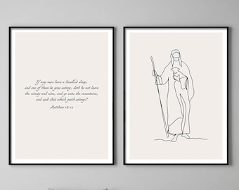 Jesus Christ With a Lamb Set of 2 Line Art Holy Drawing Print Christian Minimalist Holy Poster Gift Trendy Living Room Decor Framed Canvas