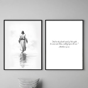 Jesus Walking on Water Poster Matthew 14:22 Print Bible Verse Set of 2 Wall Art Gift Living Room Decor Canvas or Framed Christian Nursery