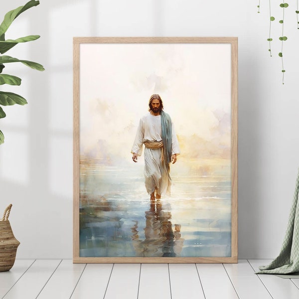 Jesus går på vatten Poster Målning Tryck Bibelvers Väggkonst Gåva Trendig Vardagsrumsinredning Inramad Canvas Kristen Barnkammardekor