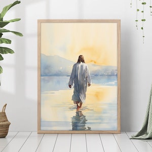 Jesus Walking on Water Poster Religious Wall Art Holy Painting Print Bible Verse Living Room Home Decor Framed Canvas Christian Gift Decor