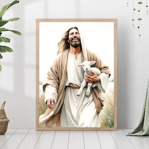 Jesus and Lamb Painting Print Bible Verse Wall Art Gift Trendy Living Room Home Decor Framed Poster Canvas Christian Nursery Decor Prints