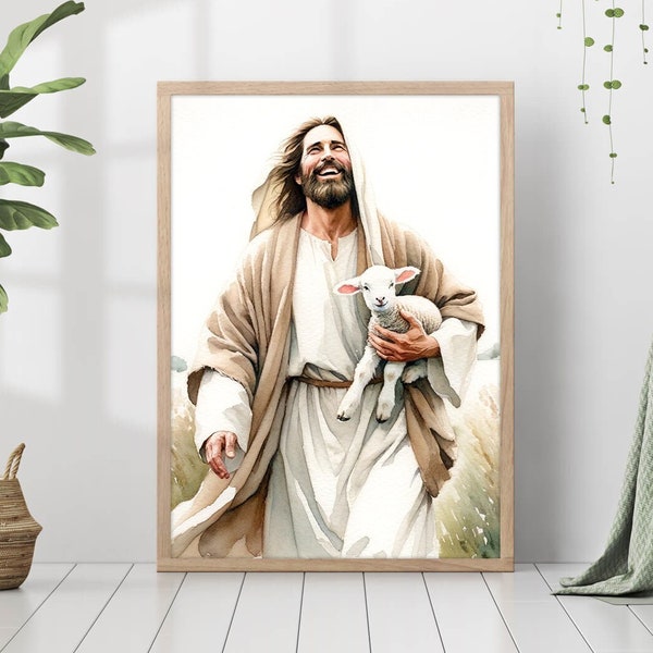 Jesus and Lamb Painting Print Bible Verse Wall Art Gift Trendy Living Room Home Decor Framed Poster Canvas Christian Nursery Decor Prints