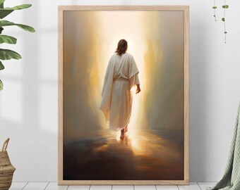 Jesus Walking Poster Warm Tones Peace Holy Painting Print Wall Art Gift Trendy Living Room Home Decor Framed Canvas Christian Nursery Decor
