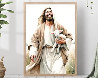 Jesus and Lamb Painting Print Bible Verse Wall Art Gift Trendy Living Room Home Decor Framed Poster Canvas Christian Nursery Decor Prints