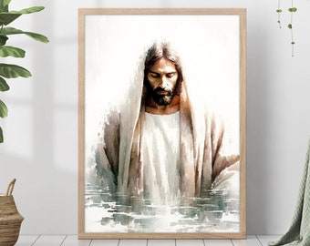 Puede incluir: Una pintura de acuarela de Jesucristo con una túnica blanca, mirando hacia abajo con los ojos cerrados. La pintura está sobre un fondo blanco con un reflejo de agua azul y verde en la parte inferior.