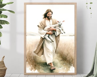 Jesus and Lamb Painting Print Bible Verse Wall Art Gift Trendy Living Room Home Decor Framed Poster Canvas Christian Nursery Decor Prints