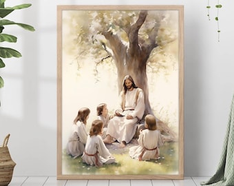 Children of God Painting Print Jesus Christ Teaches Kids Wall Art Gift Trendy Living Room Home Decor Framed Canvas Christian Nursery Decor