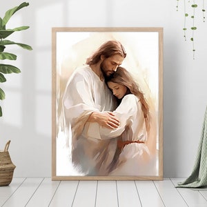 Jesus Christ Young Woman Painting Print Christ's Embrace Wall Art Gift Trendy Living Room Home Decor Framed Canvas Christian Nursery Decor