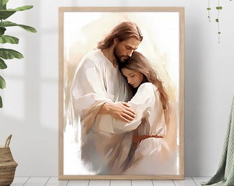Jesus Christ Young Woman Painting Print Christ&#39;s Embrace Wall Art Gift Trendy Living Room Home Decor Framed Canvas Christian Nursery Decor
