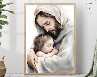 Jesus Christ Boy Child Kid Painting Print Christ's Embrace Wall Art Gift Trendy Living Room Home Decor Framed Canvas Christian Nursery Decor