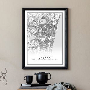Chennai Kartendruck Gerahmte Leinwand Wandkunst Poster Indien Karte Drucke mit Rahmen Weltkarte Kunstplakat Stadtstraße Straßenkarte