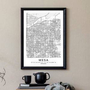 Impression de carte Mesa encadrée, toile, affiche d'art murale, carte des États-Unis, impression noir et blanc, carte des États-Unis, affiche d'art, rue de la ville, carte routière