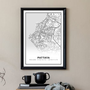 Pattaya Karte Druck Gerahmte Leinwand Wandkunst Poster Thailand Karte Drucke mit Rahmen Weltkarte Kunstplakat Stadtstraße Straßenkarte