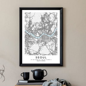 Seoul Karte Druck gerahmte Leinwand Wandkunst Poster Südkorea Karte Drucke mit Rahmen Weltkarte Kunstplakat Stadt Straße Straßenkarte