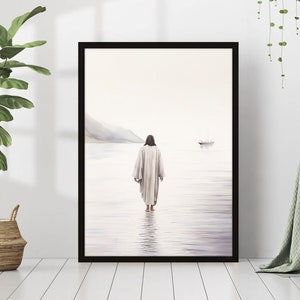 Jesus Walking on Water Poster Painting Print Bible Verse Wall Art Gift Trendy Living Room Home Decor Framed Canvas Christian Nursery Decor