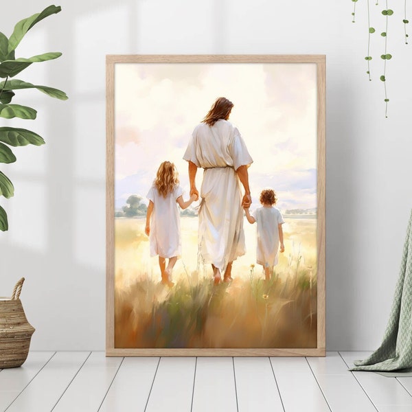 Jesus Christ Girl and Boy Painting Print Christ's Embrace Wall Art Gift Trendy Living Room Home Decor Framed Canvas Christian Nursery Decor