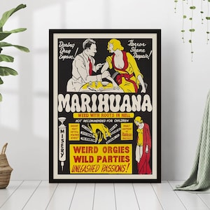 ビンテージ マリファナ 映画ポスター 大麻喫煙 古いイラスト ヘンプ レトロ ポットヘッド ウィード アート キャンバス 額入り プリント ボヘミアン ウォールアート メリージェーン