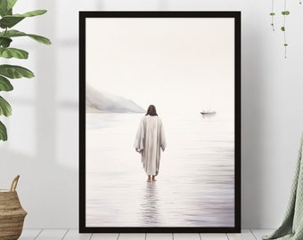 Jesus Walking on Water Poster Painting Print Bible Verse Wall Art Gift Trendy Living Room Home Decor Framed Canvas Christian Nursery Decor