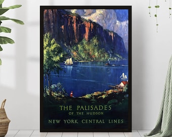 Palisades of the Hudson Travel Poster New York Colorful Eclectic Vibrant Print Trendy Living Room Retro American Wall Art Decor Frame Canvas