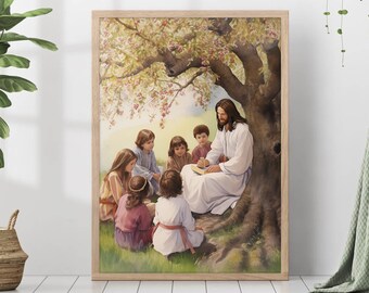 Children of God Painting Print Jesus Christ Teaches Kids Wall Art Gift Trendy Living Room Home Decor Framed Canvas Christian Nursery Decor