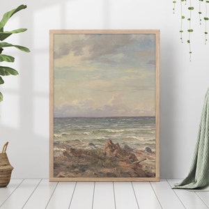 Pintura al óleo de paisaje marino vintage con olas del océano, paisaje costero pastel melancólico, lienzo impreso, casa del lago, póster, marco de granja, decoración campestre francesa