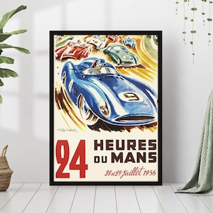 スポーツカーレース 1956 古いヴィンテージ レトロ フランス アンティーク イラスト キャンバス フレーム ポスター プリント ウォールアート 自動車 フォーミュラ 1 レース ファン ギフト