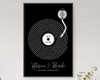 Può includere: Stampa in bianco e nero di un giradischi con un disco sopra. Il disco è un cerchio con cerchi concentrici di testo. Il testo dice "Titolo della canzone" e "Nome dell'artista". Sotto il giradischi c'è il testo "Katerina & Ricardo" e "Altro testo personalizzato".