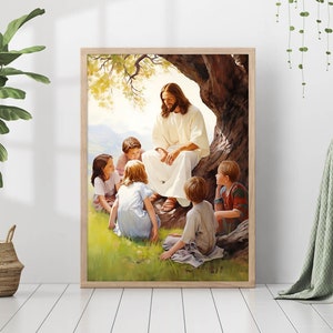 Cuadro con impresión de Hijos de Dios, Jesucristo enseña a los niños, arte de pared, regalo, decoración moderna para el hogar, sala de estar, lienzo enmarcado, decoración cristiana para guardería