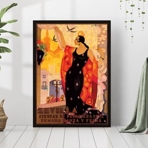 Sevilla España Retro Art Fiesta Boho Festival Vintage Impresión Cartel de pared Lienzo Enmarcado Impreso Art Nouveau Arte de pared Decoración de moda Flamenco