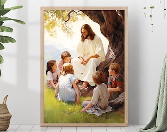 Children of God Painting Print Jesus Christ Teaches Kids Wall Art Gift Trendy Living Room Home Decor Framed Canvas Christian Nursery Decor