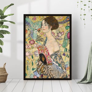 Gustav Klimt Lady with Fan Giclee Canvas Reproduction Print Bohemian Classic Vintage Famous Artist Oil Painting Colorful Trendy Wall Art