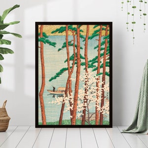 Vintage japanische asiatische Lake Pines Landschaft Malerei Leinwand Gedrucktes Poster Umrahmt Antike Wandkunst Dekor Trendy Wohnzimmer Print Retro Anime